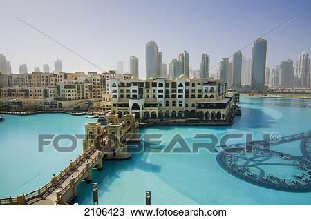 Stock Image - United Arab Emirates, View of Burj Khalifa lake; Dubai. Fotosearch