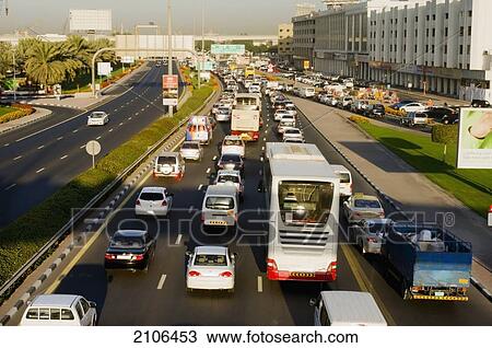 Stock Image - United Arab Emirates, View of city traffic; Dubai. Fotosearch
