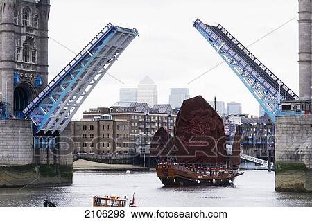 Stock Photo - United Kingdom, Chinese junk called Huantian crossing under Tower Bridge; London. Fotosearch