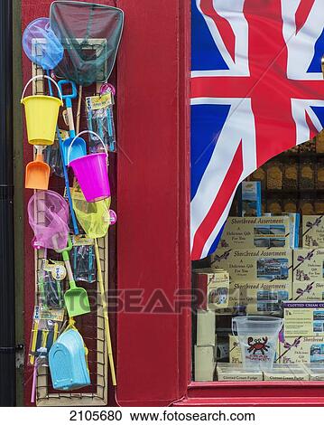 Stock Image - United Kingdom, England, Cornwall, Seaside bucket and spade shop; Falmouth. Fotosearch
