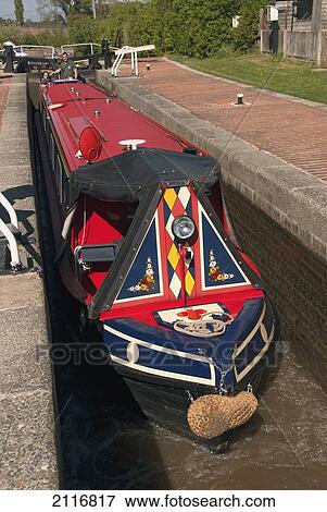 Stock Photo - United Kingdom, England, Llangollen Canal, Narrow Boat going thru the Locks at Grindley Brook. Fotosearch