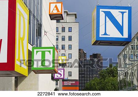 Stock Image - United Kingdom, England, London, South Bank, Cubes with letters of alphabet hanging on wires; South bank Centre. Fotosearch
