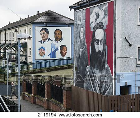 Picture - United Kingdom, Northern Ireland, County Londonderry, gallery murals in Rossville Street in Bogside Area; Derry, Hunger Striker Raymond McCartney mural and Tribute to John Hume. Fotosearch