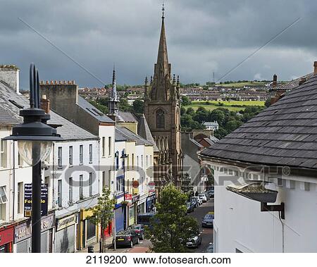 Stock Image - United Kingdom, Northern Ireland, County Londonderry, Elevated view of Carlisle Road and Presbyterian Church; Derry. Fotosearch