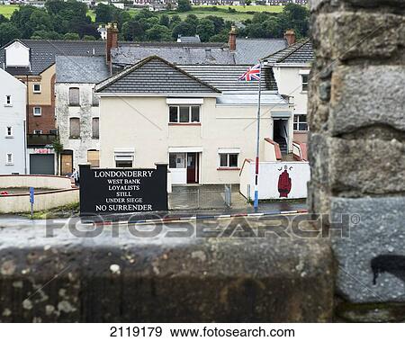 United Kingdom, Northern Ireland, County Londonderry, Loyalist Unionist sign and union jack flag; Derry View Large Photo Image Stock Photo - United Kingdom, Northern Ireland, County Londonderry, Loyalist Unionist sign and union jack flag; Derry. Fotosearch