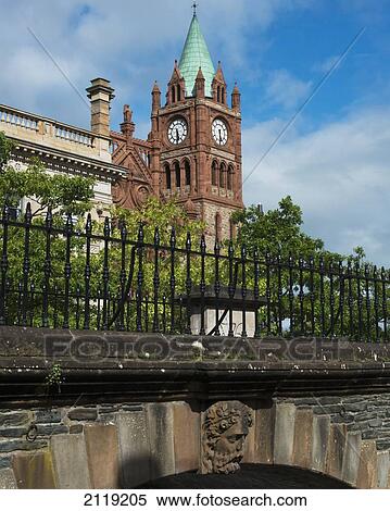 Stock Photography - United Kingdom, Northern Ireland, County Londonderry, Guildhall and city wall; Derry. Fotosearch