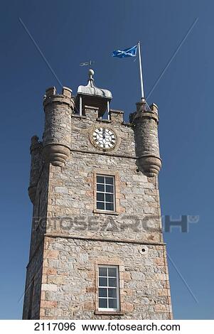 Stock Photograph - United Kingdom, Scotland, Architectural detail of the Dufftown Clock Tower.. Fotosearch