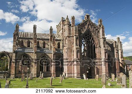 Stock Image - United Kingdom, Scotland, Melrose, Ruins of the Melrose Abbey, Founded by monks in 1136.. Fotosearch