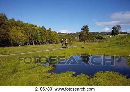 Stock Photo - United Kingdom, Scotland, View of tourists on South Loch Ness Trail; Stratherrick. Fotosearch