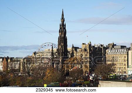 Stock Photography - United Kingdom, Scotland, View of Princess Street Gardens with Scott Monument; Edinburgh. Fotosearch