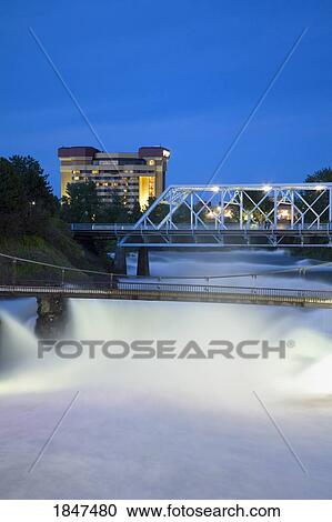 Stock Image - Upper Falls Of Spokane River During Major Food In Riverfront Park; Spokane, Palouse, Washington, Usa. Fotosearch