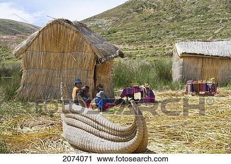 Stock Image - Urus Iruitos People On Chisawa, A Reed Island Made By The Urus Iruitos People In Titicaca Lake, Bolivia. Fotosearch