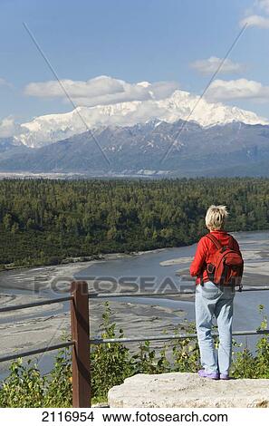 USA, Alaska, a woman at a viewpoint of Mt McKinley at mile 135 of Parks Highway. View Large Photo Image Picture - USA, Alaska, a woman at a viewpoint of Mt McKinley at mile 135 of Parks Highway.. Fotosearch