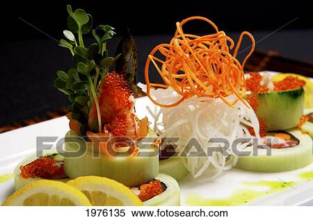 Stock Photography - USA, California, Close Up View Of unique Sushi Platter; Santa Barbara. Fotosearch