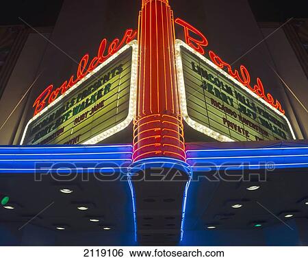 Stock Photograph - USA, Colorado, Art Deco style Boulder Theatre at night in Downtown Boulder; Boulder. Fotosearch