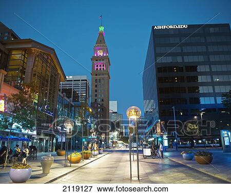 Stock Photo - USA, Colorado, Daniels and Fisher Clock Tower viewed from 16th Street mall at night; Denver. Fotosearch