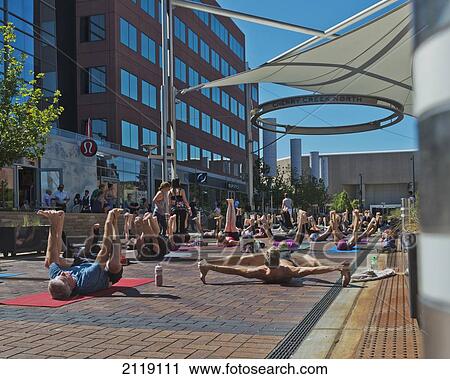 USA, Colorado, Outdoor yoga class on pedestrians street at Cherry Creek North; Denver View Large Photo Image Stock Image - USA, Colorado, Outdoor yoga class on pedestrians street at Cherry Creek North; Denver. Fotosearch
