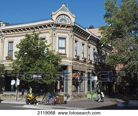 USA, Downtown shopping district of Aspen; Colorado View Large Photo Image Stock Photo - USA, Downtown shopping district of Aspen; Colorado. Fotosearch