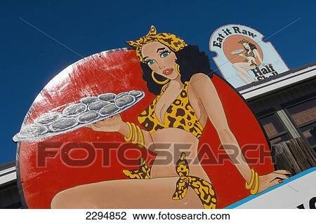 USA, Florida Keys, Colorful restaurant sign featuring attractive woman holding tray of raw oysters; Key West View Large Photo Image Stock Image - USA, Florida Keys, Colorful restaurant sign featuring attractive woman holding tray of raw oysters; Key West. Fotosearch