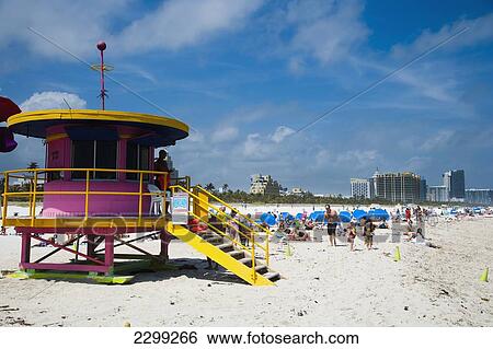 USA., Florida, Miami, Brightly colored pink & yellow life guards tower; South Beach View Large Photo Image Stock Photograph - USA., Florida, Miami, Brightly colored pink & yellow life guards tower; South Beach. Fotosearch