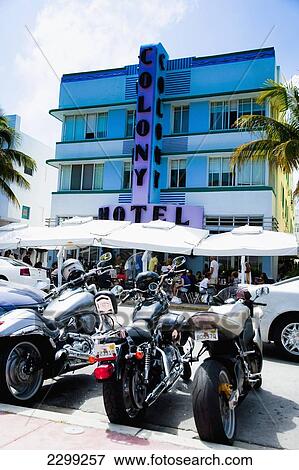 USA., Florida, Miami, Ocean Drive; South Beach, Group of motorbikes parked out the Colony Hotel View Large Photo Image Stock Photo - USA., Florida, Miami, Ocean Drive; South Beach, Group of motorbikes parked out the Colony Hotel. Fotosearch