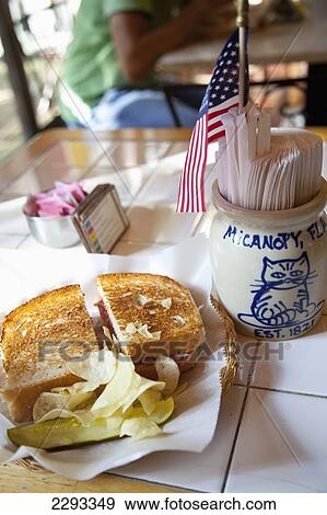 Stock Photo - Usa, Florida, Sandwich On Restaurant Table; Micanopy. Fotosearch