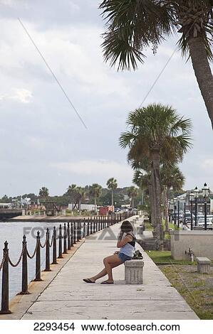 Usa, Florida, Woman On Empty Promenade; St Augustine View Large Photo Image Picture - Usa, Florida, Woman On Empty Promenade; St Augustine. Fotosearch