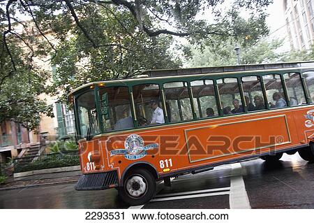 Stock Image - Usa, Georgia, Tourbus With Tourist; Savannah. Fotosearch
