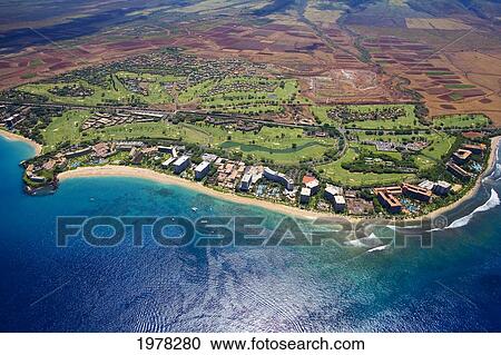 Stock Image - USA, Hawaii, Aerial view of Kaanapali Resort Area; Maui. Fotosearch