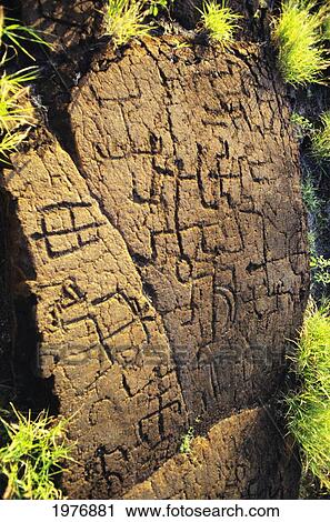 Stock Image - USA, Hawaii, Ancient Hawaiian Carvings; Big Island, Puako Petroglyph Archaeological Site. Fotosearch