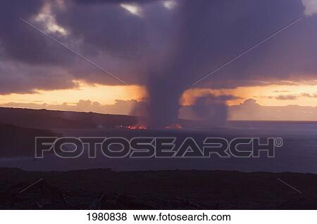Stock Photo - USA, Hawaii, Big Island, Steam cloud from lava entering Pacific Ocean from Kilauea at sunset; Kalapana. Fotosearch