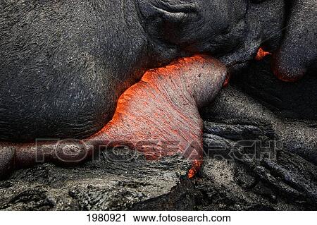 Stock Image - USA, Hawaii, Close up of molten Pahoehoe lava from Kilauea Volcano in Hawaii Volcanoes National Park; Big Island. Fotosearch
