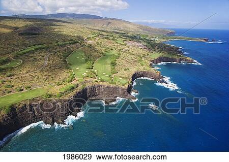 USA, Hawaii Islands, Aerial view of Manele Golf Course along coastline; Lanai View Large Photo Image Stock Photo - USA, Hawaii Islands, Aerial view of Manele Golf Course along coastline; Lanai. Fotosearch