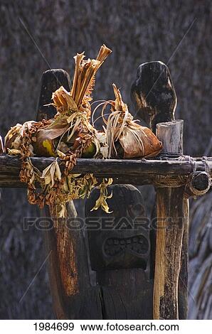 Stock Photo - USA, Hawaii Islands, Big Island, Ho'okupu or offerings or gifts on platform outside Ahu'ena Heiau Temple; Kailua-Kona. Fotosearch
