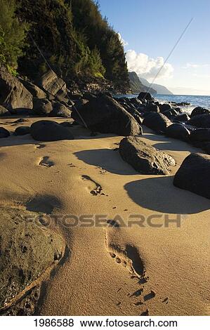 Stock Photo - USA, Hawaii Islands, Kauai, Beach in afternoon with footprints in sand; Na Pali Coast. Fotosearch