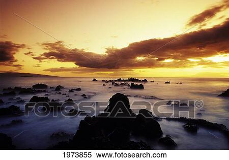 USA, Hawaii Islands, Long Exposure; Maui, Kahoolawe And Molokini Islands In Distance, Sunset Over Rocky Beach View Large Photo Image Stock Photography - USA, Hawaii Islands, Long Exposure; Maui, Kahoolawe And Molokini Islands In Distance, Sunset Over Rocky Beach. Fotosearch