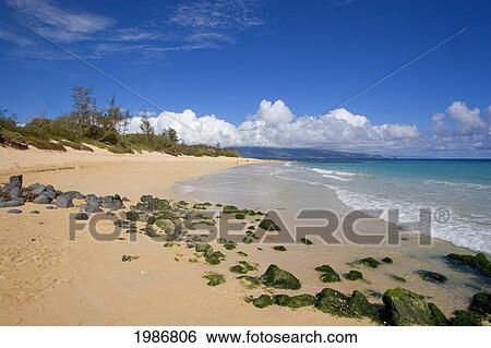 Stock Photograph - USA, Hawaii Islands, Maui, Gorgeous blue ocean and cloudy sky; Spreckelsville, Sandy beach with mossy rocks. Fotosearch