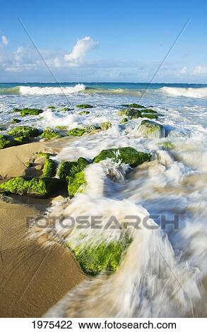 Stock Image - USA, Hawaii Islands, Maui, Surf washing over rocks; Baldwin Beach. Fotosearch