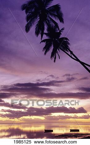 Stock Photography - USA, Hawaii Islands, Molokai, Kaunakakai, Boats floating on calm ocean at sunset; Kapuaiwa Grove. Fotosearch