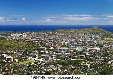 USA, Hawaii Islands, Oahu, Diamond Head and Uh Manoa campus seen from lookout at Pu'u Ualaokua Park; Honolulu View Large Photo Image Stock Photo - USA, Hawaii Islands, Oahu, Diamond Head and Uh Manoa campus seen from lookout at Pu'u Ualaokua Park; Honolulu. Fotosearch