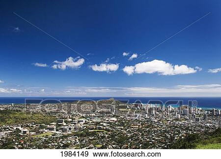 Stock Photo - USA, Hawaii Islands, Oahu, Diamond Head and Uh Manoa campus seen from lookout at Pu'u Ualaokua Park; Honolulu. Fotosearch
