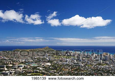 Stock Photo - USA, Hawaii Islands, Oahu, Uh Manoa and Waikiki seen from lookout at Pu'u Ualaokua Park; Honolulu, Diamond Head. Fotosearch