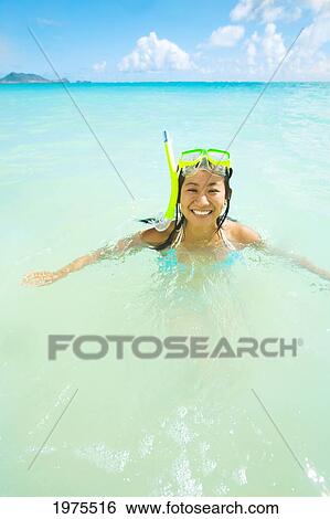 USA, Hawaii Islands, Oahu, Young Woman Wearing Snorkel Gear In Ocean; Lanikai View Large Photo Image Stock Photograph - USA, Hawaii Islands, Oahu, Young Woman Wearing Snorkel Gear In Ocean; Lanikai. Fotosearch
