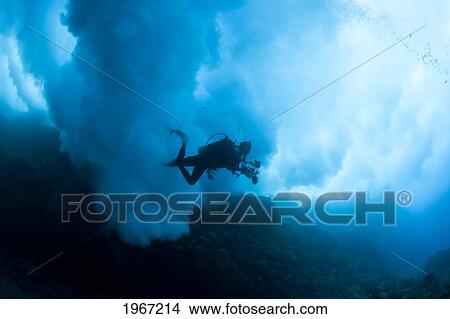 USA, Hawaii Islands, Scuba Diver Under Billowing Surf Breaking Over Reef; Lanai View Large Photo Image Picture - USA, Hawaii Islands, Scuba Diver Under Billowing Surf Breaking Over Reef; Lanai. Fotosearch