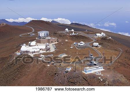 Stock Photo - USA, Hawaii Islands, View of Telescopes on top of Haleakala Crater; Maui, Aerial view of Science City. Fotosearch