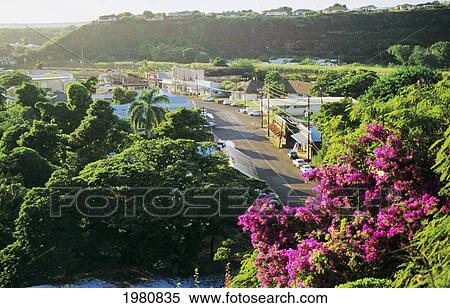 Stock Photography - USA, Hawaii, Kauai, View of small town with Bougainvillea in foreground; Hanapepe. Fotosearch