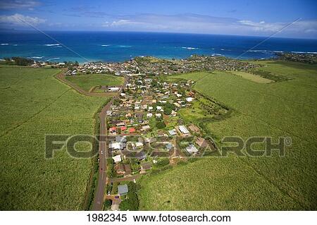 USA, Hawaii, Maui, Aerial view of old plantation town on Maui's north coast of Pacific Ocean; Paia View Large Photo Image Stock Photography - USA, Hawaii, Maui, Aerial view of old plantation town on Maui's north coast of Pacific Ocean; Paia. Fotosearch