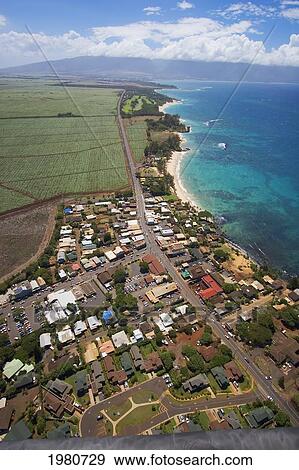 USA, Hawaii, Maui, Aerial view of town along North Coast; Paia View Large Photo Image Stock Photo - USA, Hawaii, Maui, Aerial view of town along North Coast; Paia. Fotosearch