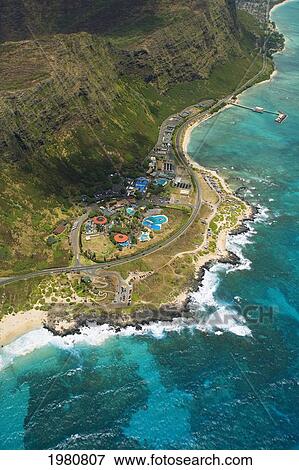 Stock Photo - USA, Hawaii, Oahu, Aerial view of Sea Life Park and Makapu'u Beach; Windward Coastline. Fotosearch