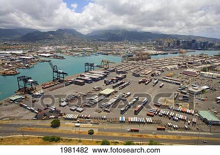 Stock Image - USA, Hawaii, Oahu, Aerial view of container area in port; Honolulu. Fotosearch